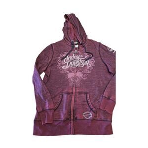 Y2K purplish maroon Harley Davidson size Large zip up hoodie Mandan,North Dakota